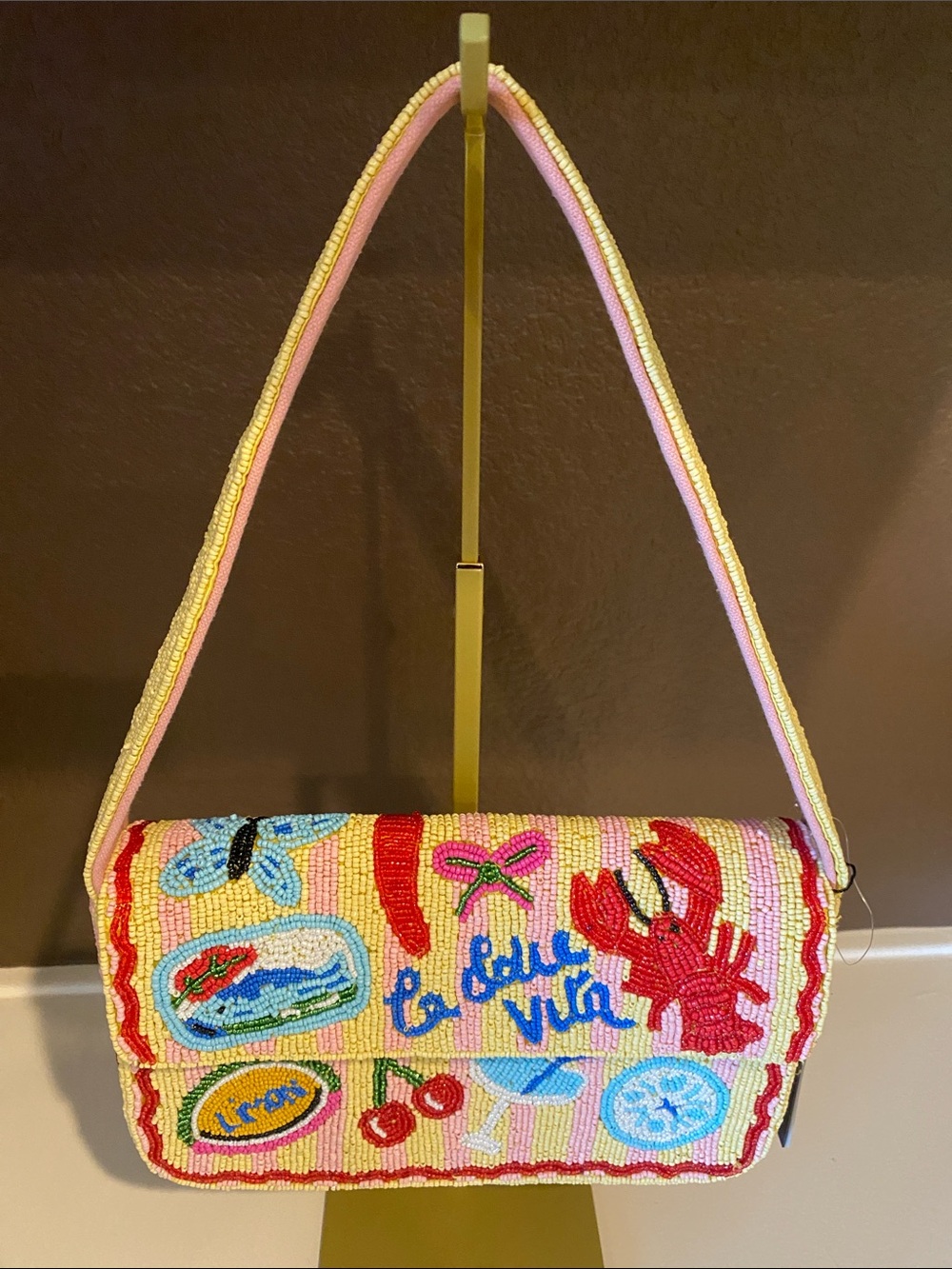 America & Beyond “C’est La Vie” Hand-Beaded Shoulder Bag 🦞🍒